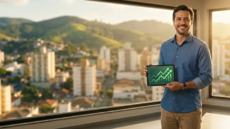 Empresário local sorrindo e segurando um tablet, representando o sucesso e a modernização dos negócios através da vitrine digital no Vale do Paraíba.