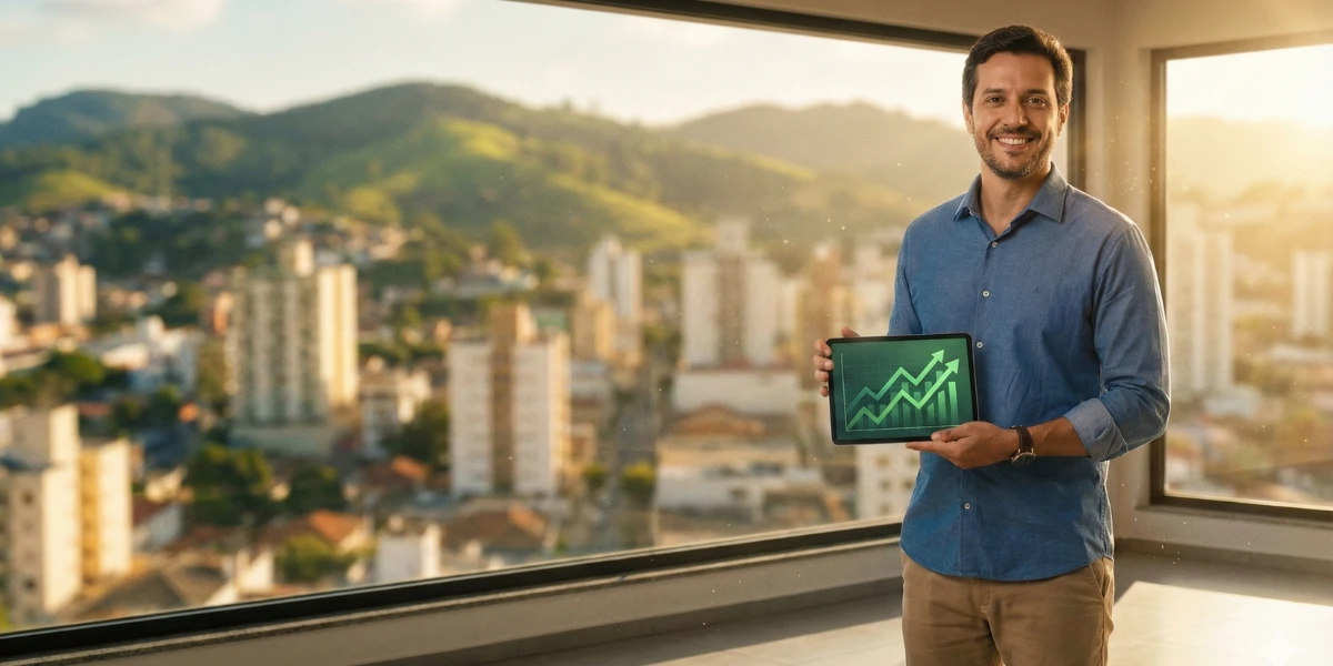 Empresário local sorrindo e segurando um tablet, representando o sucesso e a modernização dos negócios através da vitrine digital no Vale do Paraíba.