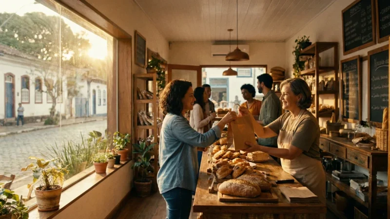 Mulher sorridente entregando uma sacola de compras para um cliente em uma loja de bairro no Vale do Paraíba, representando o apoio aos pequenos negócios.