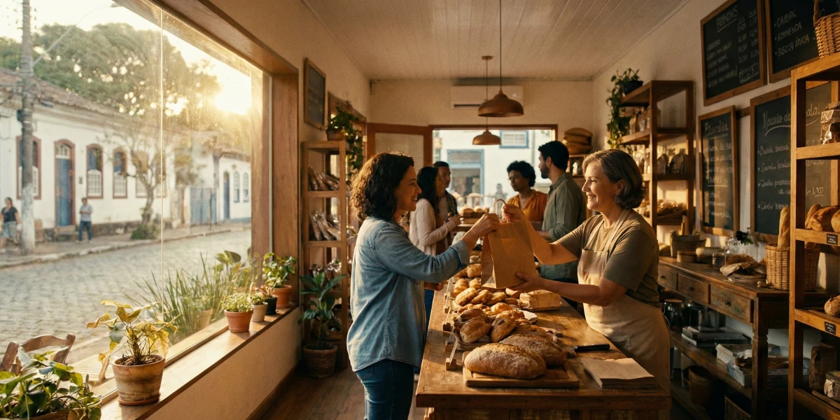 Mulher sorridente entregando uma sacola de compras para um cliente em uma loja de bairro no Vale do Paraíba, representando o apoio aos pequenos negócios.