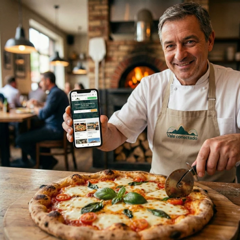 Chef pizzaiolo sorridente com avental do Vale Conectado, cortando uma pizza Margherita e segurando um smartphone que exibe a tela inicial do site de classificados locais Vale Conectado. Ao fundo, um forno a lenha rústico e clientes no restaurante.