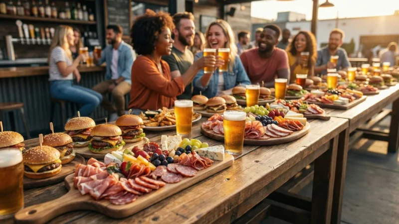 Mesa farta com hambúrgueres artesanais e petiscos em primeiro plano, com um grupo de amigos brindando e se divertindo ao fundo em um restaurante local.