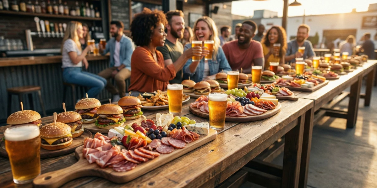 Mesa farta com hambúrgueres artesanais e petiscos em primeiro plano, com um grupo de amigos brindando e se divertindo ao fundo em um restaurante local.