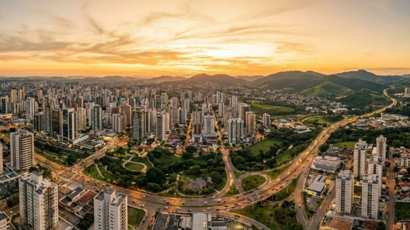 Vista panorâmica de uma cidade próspera ao pôr do sol, cercada por montanhas, representando o ecossistema forte de negócios e moradores do Vale do Paraíba.