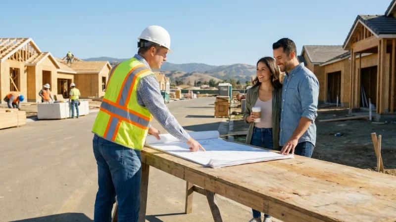 Arquiteto de capacete branco apresentando a planta de uma obra para um casal de clientes satisfeitos em um canteiro de obras organizado e seguro.