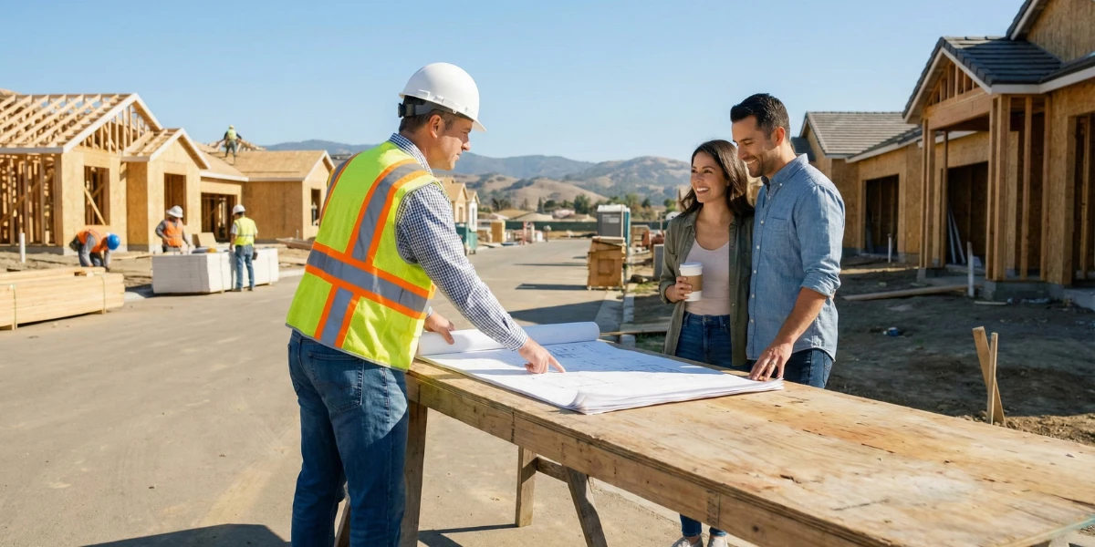 Arquiteto de capacete branco apresentando a planta de uma obra para um casal de clientes satisfeitos em um canteiro de obras organizado e seguro.